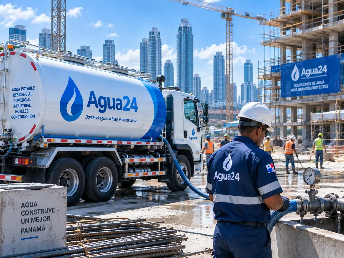 Camión cisterna suministrando agua potable en obra de construcción en Panamá