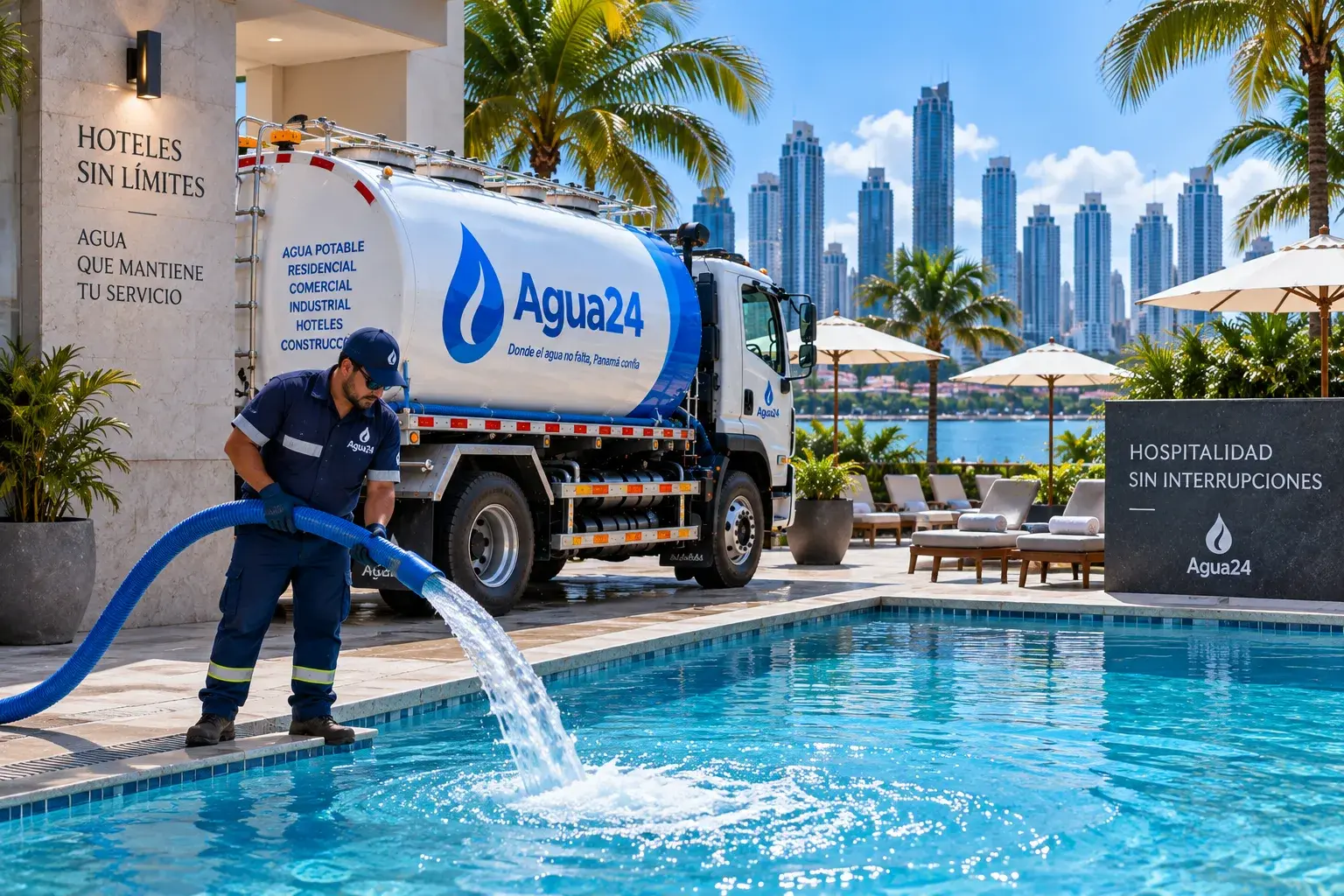 Llenado de piscina de hotel con camión cisterna de agua potable en Panamá