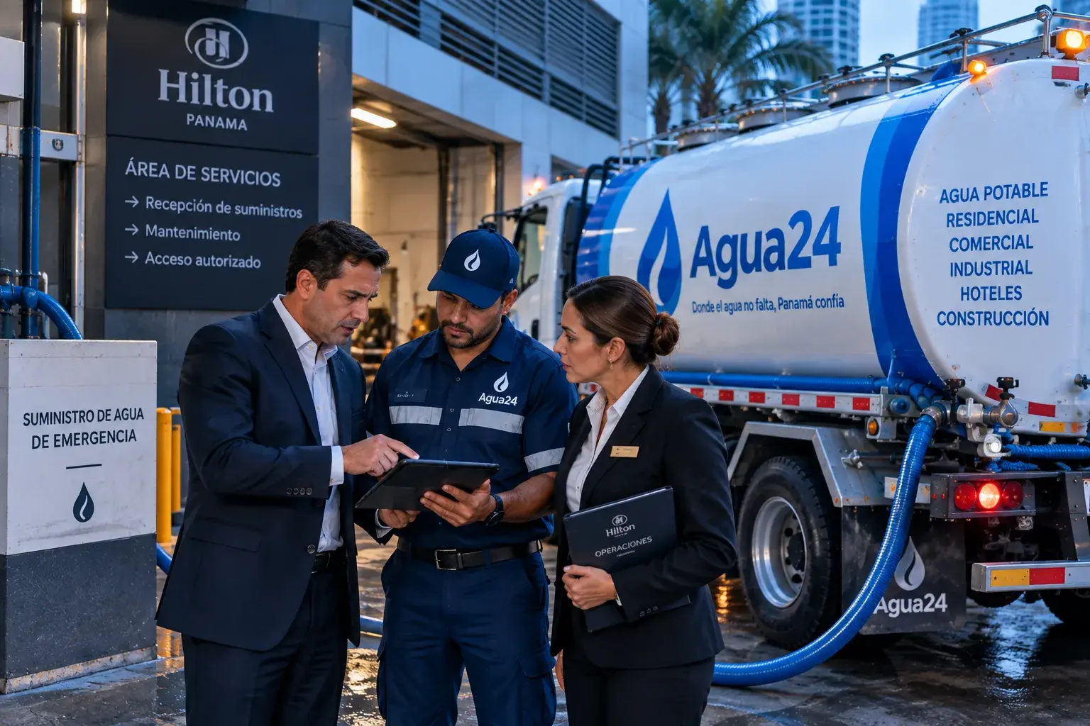 Entrega de emergencia de agua potable a un hotel en Panamá