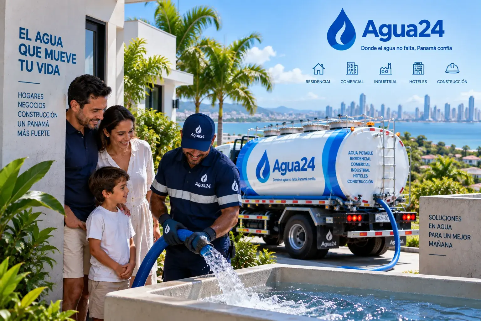 Transportista certificado de agua potable listo para operar en Panamá