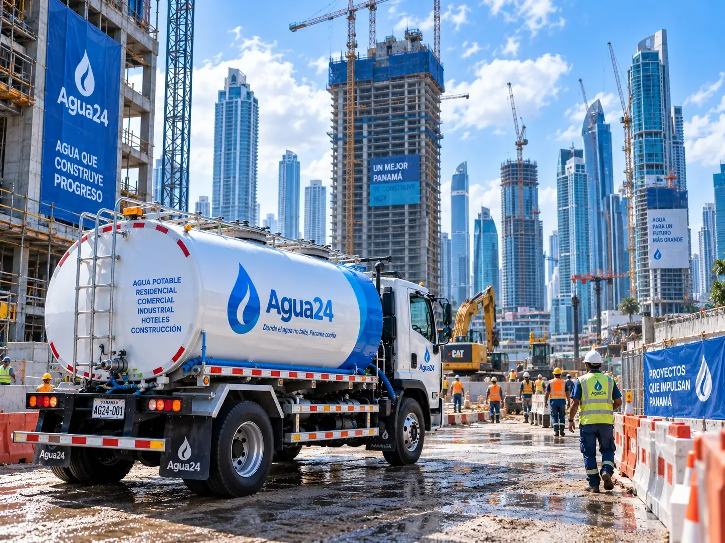 Camión cisterna de agua potable en obra de construcción en Ciudad de Panamá