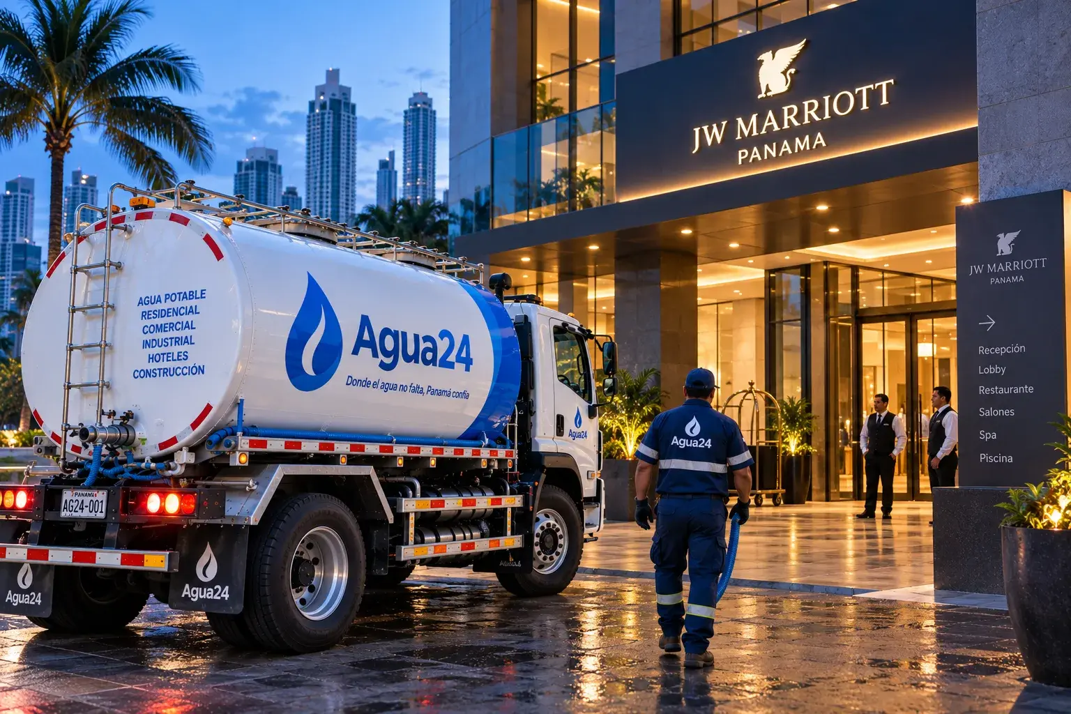 Camión cisterna abasteciendo un hotel durante un corte de agua del IDAAN en Panamá